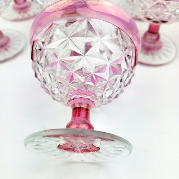 Vintage Indiana Glass Diamond Ruby Rim Fruit Dessert Pedestal Dish Set of 9